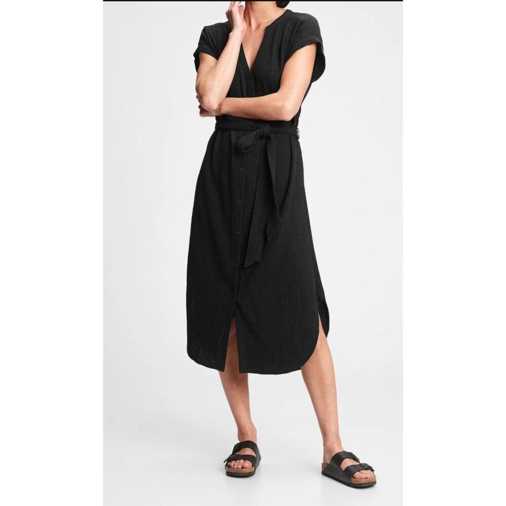 GAP Black Midi Wrap-Style Button Front Dress
